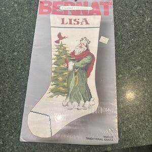 VTG BERNAT CHRISTMAS STOCKING Cross Stitch Kit Santa Sealed DMC Floss 9x18 NEW